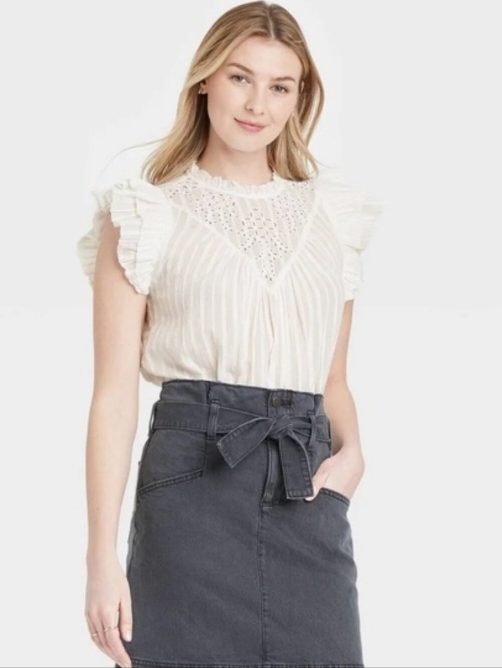 universal thread high neck white ruffle flutter sleeve eyelet cotton top